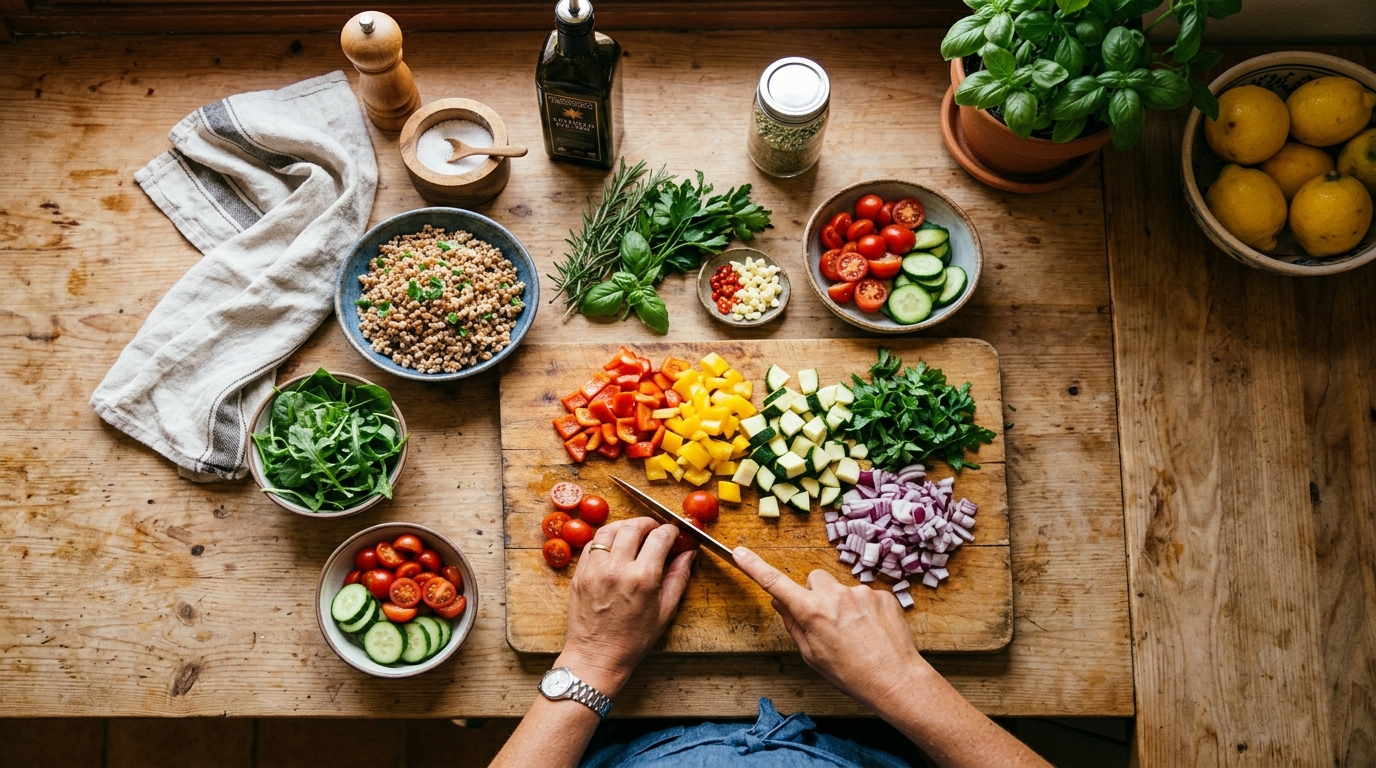 Preparación de comida saludable con ingredientes frescos