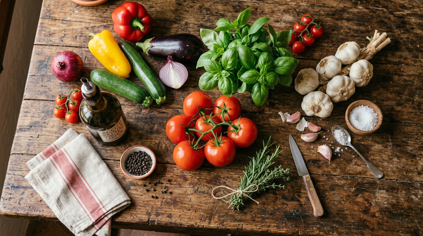Ingredientes frescos de la dieta mediterránea sobre una mesa de madera